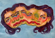 a painting of two women's faces with wavy hair and green eyes on a blue background