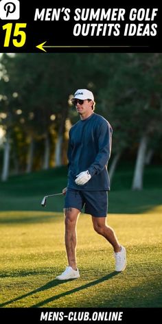 a man walking across a lush green field holding a golf racquet in his hand