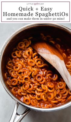 a wooden spoon in a pot full of homemade spaghetti noodles with text overlay that reads quick and easy homemade spaghetti