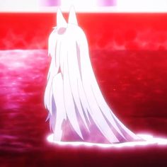 an anime character with long white hair standing in front of a red wall and looking at the camera