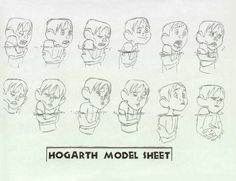 a drawing of different facial expressions and head shapes in various poses, with the words hogarth model sheet written below