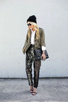 High-waisted Pants With Pockets For Night Out, Night Out High-waisted Pants With Pockets, Trendy Pants With Pockets For Night Out, Winter Bottoms With Pockets For Day Out, Winter Day Out Bottoms With Pockets, Casual Pants With Pockets For Date Night, Spring Date Night Pants With Pockets, Winter Sequin Bottoms For Night Out, Sequin Bottoms For Winter Night Out