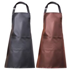 two leather aprons, one in black and one in brown are shown side by side