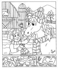 a coloring book page with a horse and girl in the farm, surrounded by other animals