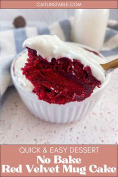 Try this easy, no bake red velvet mug cake recipe! Quick, simple and easy to make, just microwave and top with cream cheese frosting. It's moist, creamy and delicious. Find this red velvet mug cake and more easy treats on the blog.