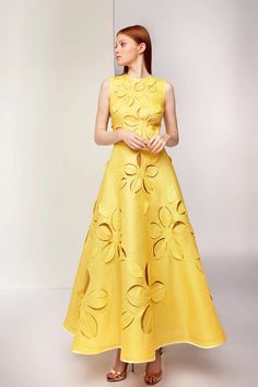 Cut out floral motif A line dress – HerTrove Dressy Dresses Formal, Stylish Couture Dresses, Gold Dressy Casual Dress, Cocktail Couture Dress, Spring A-line Floral Cocktail Dress, Elegant Yellow A-line Sleeveless Dress, Yellow A-line Maxi Dress For Wedding, Sleeveless Fit And Flare Evening Dress For Gala, Spring A-line Maxi Dress For Party