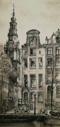 this is a drawing of some buildings in the city with bicycles parked on the sidewalk