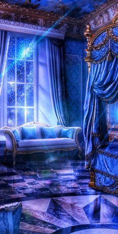 an artistic rendering of a bedroom with blue furniture