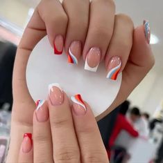 New 24 Pcs Short Square Red, Blue, White & Orange Swirl Press On Nails Nail File And Double Sided Tape Included Smoke & Pet Free Clean Home Fake Nails Long, Colorful Nails, Stick On Nails, Short Acrylic Nails, Nail Arts, Artificial Nails, Nail Polishes, Square Nails, Cute Acrylic Nails