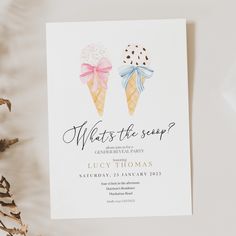 an ice cream themed birthday party is on the table next to some dried flowers and leaves