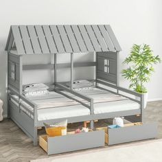 a bunk bed with drawers underneath it and a plant in the corner next to it