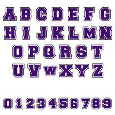 the letters are purple and white with numbers on them, all in different shapes and sizes