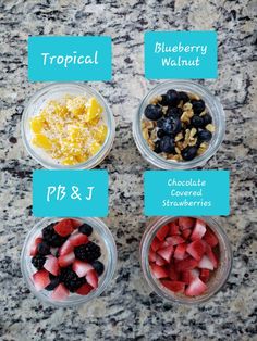 four bowls filled with different types of fruit on top of a granite countertop, labeled tropical and blueberry walnuts