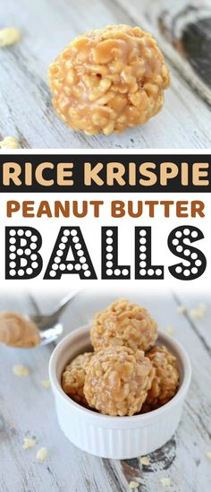 rice krispie peanut butter balls in a white bowl with text overlay that reads rice krispies peanut butter balls