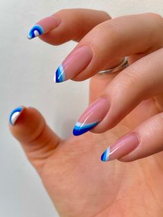 Nude Almond Shape Nails, Blue Nude Nails, Nails With Blue, Turtle Nails, Almond Acrylic Nails Designs, Long Almond, Shape Nails, White Tips, Graduation Nails