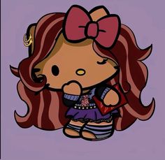 a cartoon character with long hair and a bow on her head, holding a cell phone