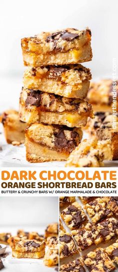 chocolate orange shortbread bars stacked on top of each other with the words, dark chocolate orange shortbread bars