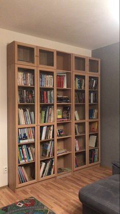 a living room filled with lots of books on top of wooden shelves next to a couch