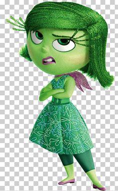 an animated cartoon character with green hair and big eyes, wearing a dress that looks like she