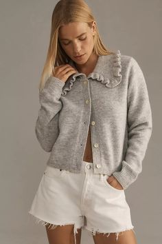 Self Contrast Ruffle-Collar Cardigan Sweater | Anthropologie Fall Tops, Long Sleeve Knitted Cardigan, Collar Cardigan, Button Jacket, Ruffle Collar, Tops Fall, Fall Jackets, Cropped Cardigan, Jacket Buttons