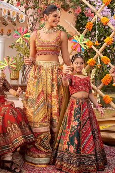 Red, green paneled, attached cancan lehenga with hand painted and printed multi flora pattern kalis. Comes with matching blouse and green dupatta. - Aza Fashions Floral Print Lehenga, Cancan Lehenga, Print Lehenga, Green Dupatta, Flora Pattern, Fashion App, Natural Silk, Aza Fashion, Floral Painting