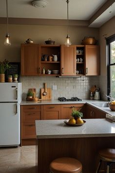 a kitchen filled with lots of wooden cabinets and counter top next to a white refrigerator freezer