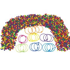 a bunch of different colored beads in front of a white background with the word o on it