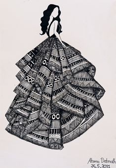 a black and white drawing of a woman in a dress with an intricate pattern on it