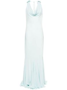 ice blue stretch-design floral appliqué cowl effect wide shoulder straps rear tie fastening slip silhouette flared train swirly structured trim floor-length unlined Light Blue Gown, Blue Maxi Dress, Magda Butrym, Blue Gown, Designer Drapes, Maxi Slip Dress, Blue Maxi, Cowl Neckline, Floral Applique