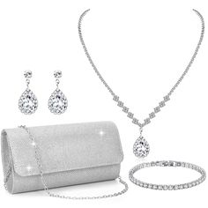 PRICES MAY VARY. WOMEN'S SILVER JEWELRY SET: Silver jewelry set has 4 items, costume jewelry for women, including a silver clutch for women formal, rhinestone bracelet, silver necklace and earrings. Various style combinations of silver jewelry set for prom can meet the matching needs of different people. The shiny appearance of silver purses for women evening makes you the center of attention in the crowd at any time. Prom jewelry can also be paired with other accessories to make you more attractive SILVER NECKLACE SET: Prom accessories is made of high-quality materials, sparkly and durable. Silver necklace and earring set is hypoallergenic, lead and nickel free, suitable for sensitive skin. The surface of silver clutch purses for women formal is inlaid with rhinestones, which sparkle unde Homecoming Accessories, Homecoming Jewelry, Silver Prom Jewelry, Sparkly Clutch, Prom Jewelry Sets, Silver Clutch Purse, Prom Purse, Bag Necklace, Prom Necklaces