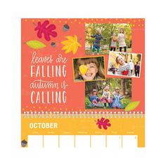 an orange and yellow calendar with pictures of children in autumn leaves on the cover, along with words that read leave are falling autumn is calling