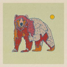 a drawing of a brown bear standing in front of an orange ball