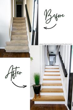 before and after photos of stairs in a house with white walls, wood flooring and black lettering