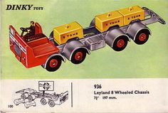 an advertisement for dinky toys featuring a toy fire truck and trailer with boxes on the back