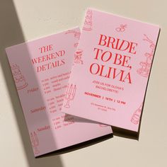 two pink wedding cards with the words bride to be oliva printed on them