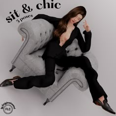 a woman sitting on top of a gray couch in front of a sign that says sit & chic