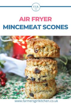 two scones stacked on top of each other with the words air fryer minimeat