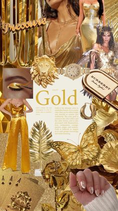 a collage with gold and other items in the background, including an image of a woman's face