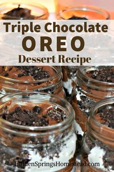 chocolate oreo dessert recipe in mason jars with text overlay that reads triple chocolate oreo dessert recipe