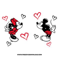 two mickey mouses with hearts on their backs, one in red and the other in black