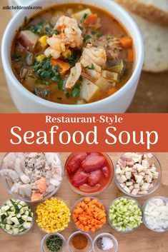 the seafood soup recipe book is shown with several different types of food in small bowls