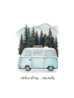 an illustration of a van with trees on top and the words adventure awaits above it