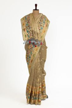 Grey saree with meenakari woven motifs and tassel border. Comes with unstitched blouse piece. - Aza Fashions Traditional Cotton Silk Pre-draped Saree For Reception, Festive Zari Embroidered Fabric For Reception, Festive Reception Zari Embroidered Fabric, Multicolor Saree With Zari Weaving For Reception, Traditional Cotton Silk Wear For Reception, Multicolor Chanderi Blouse Piece For Reception, Handloom Traditional Wear For Reception And Festivals, Handloom Traditional Wear For Receptions And Festivals, Handloom Traditional Wear For Festivals And Receptions