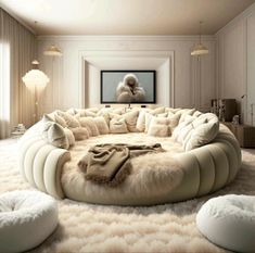 a living room filled with lots of white furniture and pillows on top of carpeted flooring