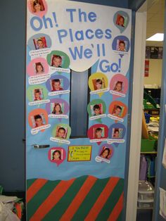 a bulletin board with pictures of people on it and the words oh, the places we'll go