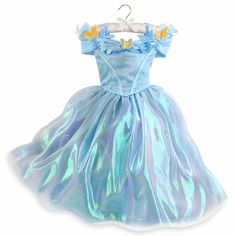 Disney Store Princess Cinderella Deluxe Costume Dress  Girl Size 5/6 Authentic Disney Costume Satin bodice with iridescent organza top layer and piping Pleated organza shoulders with golden and blue fabric butterflies accented by gems Golden finish metal butterfly brooch with encrusted gems Button back Satin lined bodice Skirt features iridescent organza top layer, shimmering second layer, tulle third layer and acetate slip Satin shoulder straps for hanging Shell 68% polyester / 32% nylon, Disney Princess Cinderella Dress, Baby Snow White Costume, Live Action Cinderella, Disney Descendants Costume, Cinderella Halloween Costume, Iridescent Organza, Fabric Butterflies, Pleated Organza, Disney Costume