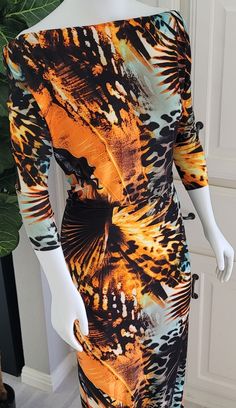 Nwot, Unworn, Maxi Dress. Front Can Be Styled Multiple Ways: Off Shoulder, At Neckline, Cowl, Etc. Long Sleeves Can Be Rolled Up / Pulled Back, Stretchy Spandex Like Fit, Open V-Neck Back, Pull On Style, Gourges Sunset Palm Tropical Print, Maxi: Over 60 Inches Long, Size L Fitted Orange Printed Dress, Fitted Orange Dress With Vibrant Print, Tropical Print, Over 60, Orange Black, Off Shoulder, Long Sleeves, Maxi Dress, Spandex