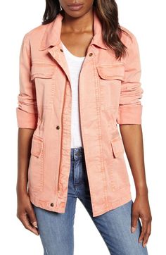 Caslon Women's Metallic Stitch Utility Jacket, Size Medium - Coral. New with Tags Length 25 inches Chest 20 inches Utility Jacket Outfit, Peach Jacket, Womens Anorak Jacket, Military Jacket Women, Womens Utility Jacket, Green Jacket Women, Outdoor Jackets, White Windbreaker, Clothing Guide