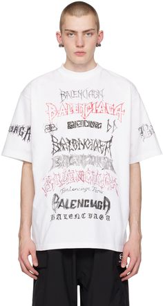 Cotton jersey T-shirt. · Logo graphic printed throughout · Rib knit crewneck Supplier color: White/Black/Red Balenciaga Graphic Tee, Balenciaga Shirt, Metal T Shirt, Balenciaga T Shirt, Photoshoot Video, Metal T Shirts, T Shirt Logo, College T Shirts, Mens Fashion Streetwear