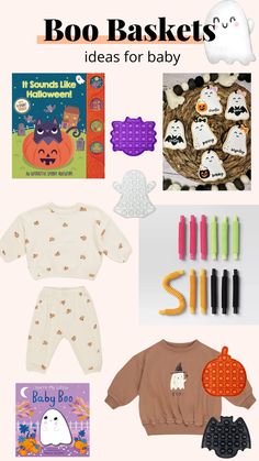 the contents of a baby's halloween costume including books, toys and other items